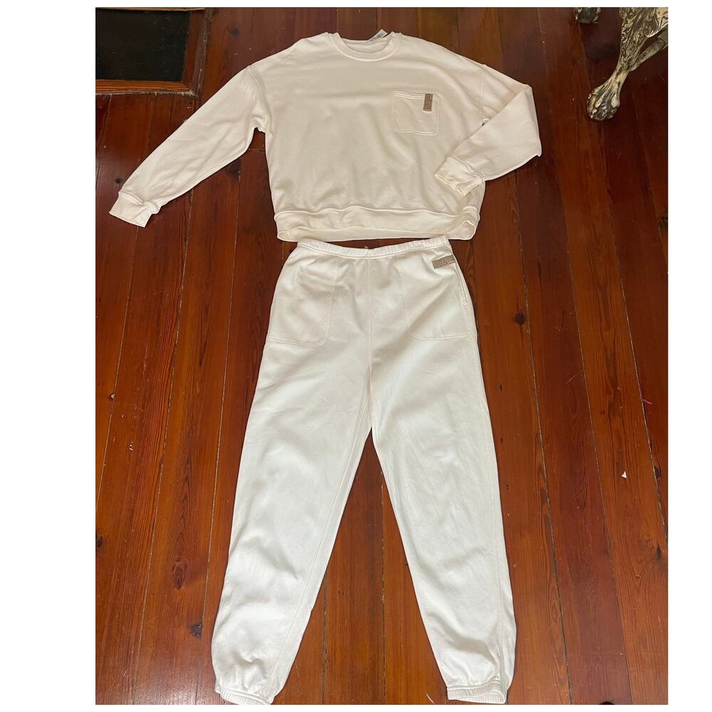Lunya Good In Bed Lounge Set Womens Large Cream Sweatshirt Joggers Silk Blend